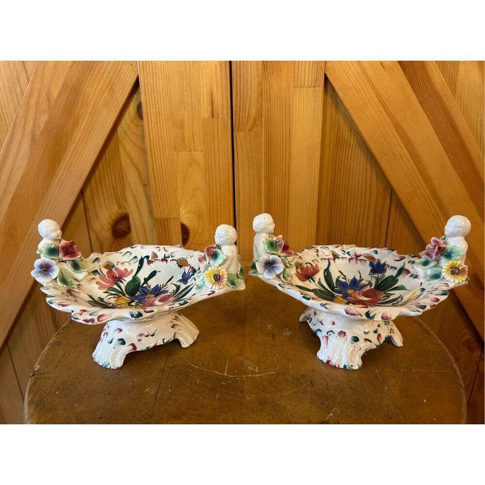 Hand Painted Ceramic Footed Centerpiece Bowls Made In Italy w/Cherubs & Flowers